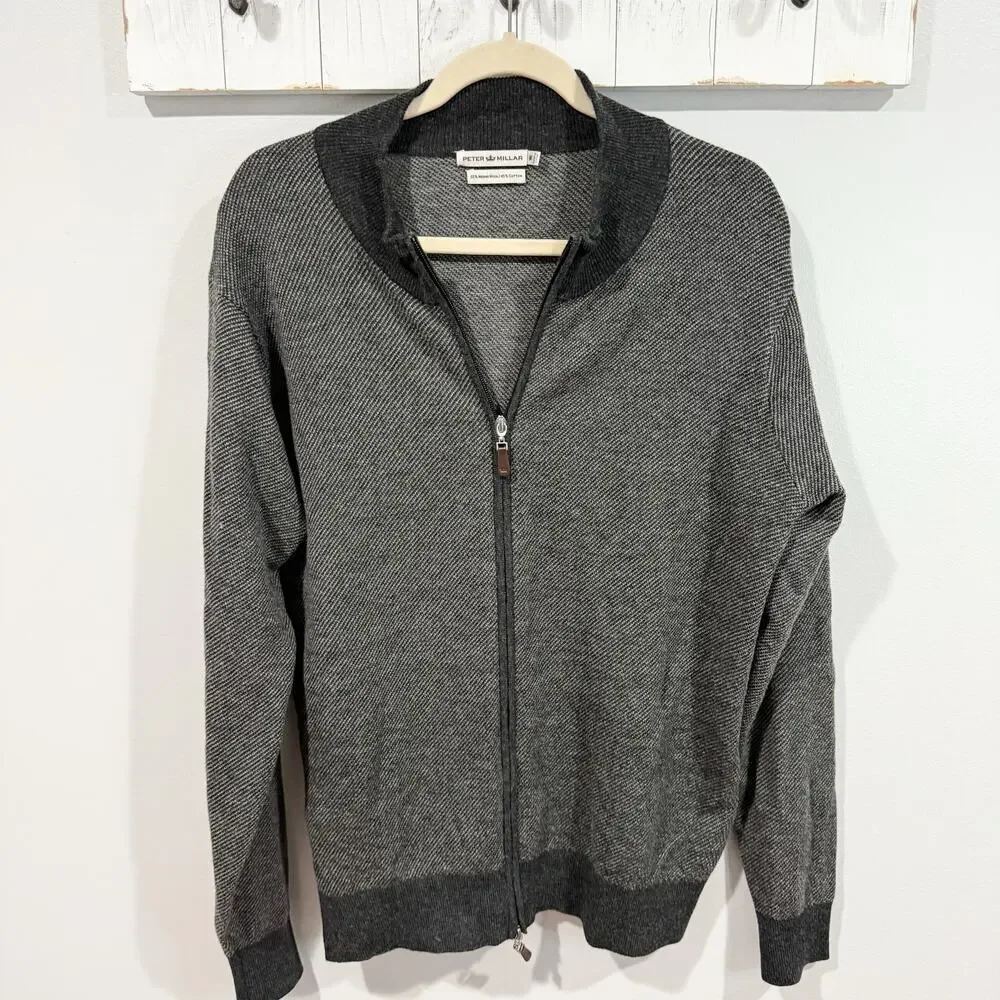Peter Millar Full Zip Sweater Merino Wool Cotton Blend Gray Black Size M